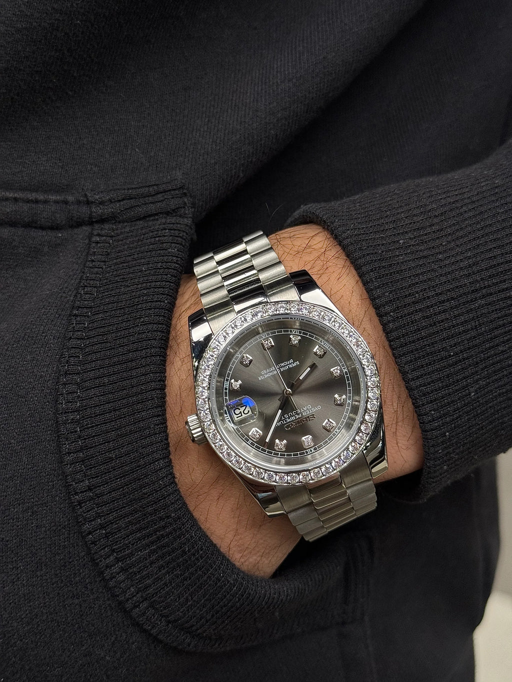 Seiko Mod Datejust – Grey Diamond Dial with Iced Bezel Automatic