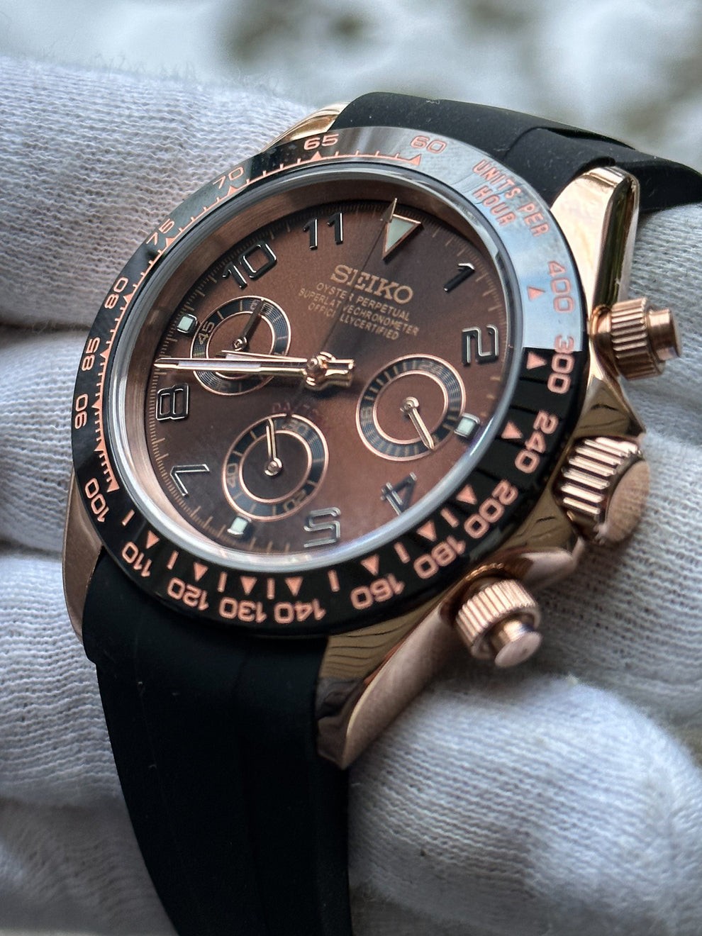 Seiko Daytona Style Chronograph Mod – Brown Sunburst / Rose Gold / Rubber