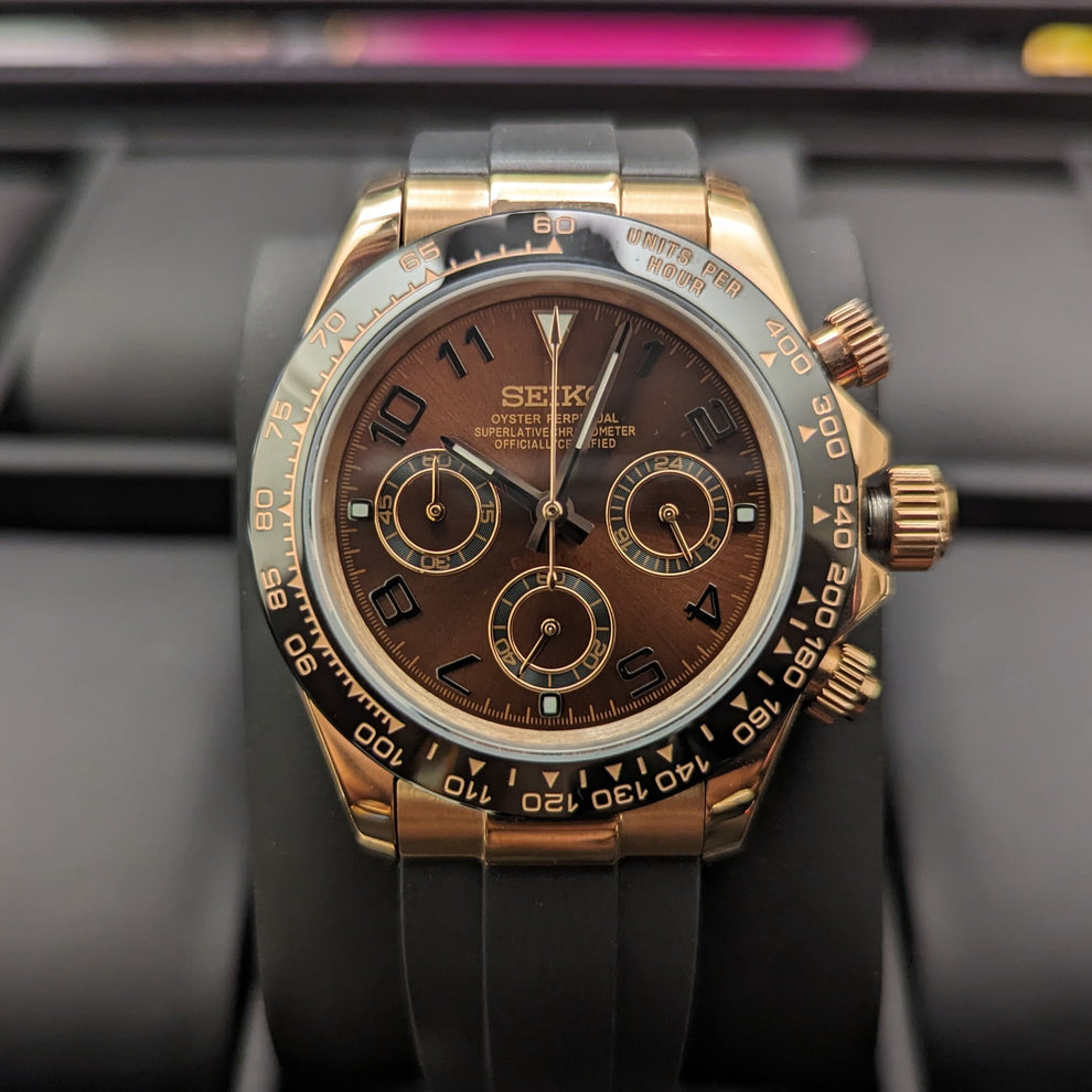 Seiko Daytona Style Chronograph Mod – Brown Sunburst / Rose Gold / Rubber