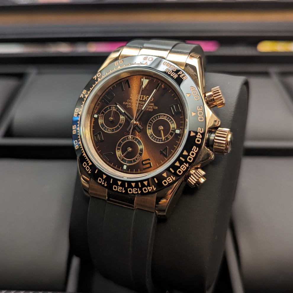 Seiko Daytona Style Chronograph Mod – Brown Sunburst / Rose Gold / Rubber