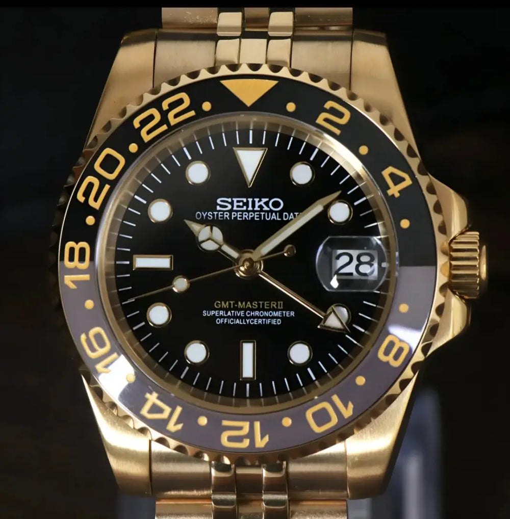Seiko Custom Mod GMT Master II Goldtone Black Dial - NH34 Automatic Diver