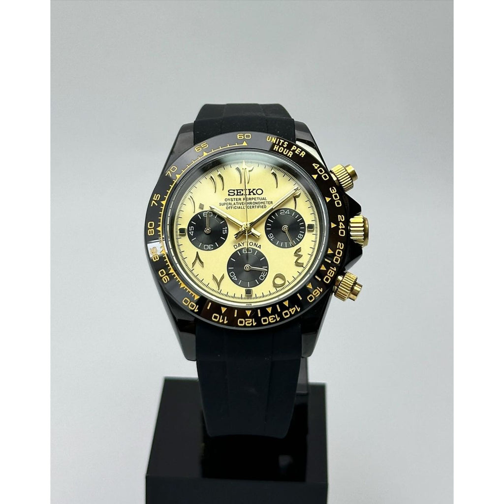 Seiko Mod “Gold Panda Daytona Style” Black PVD Chronograph on Rubber