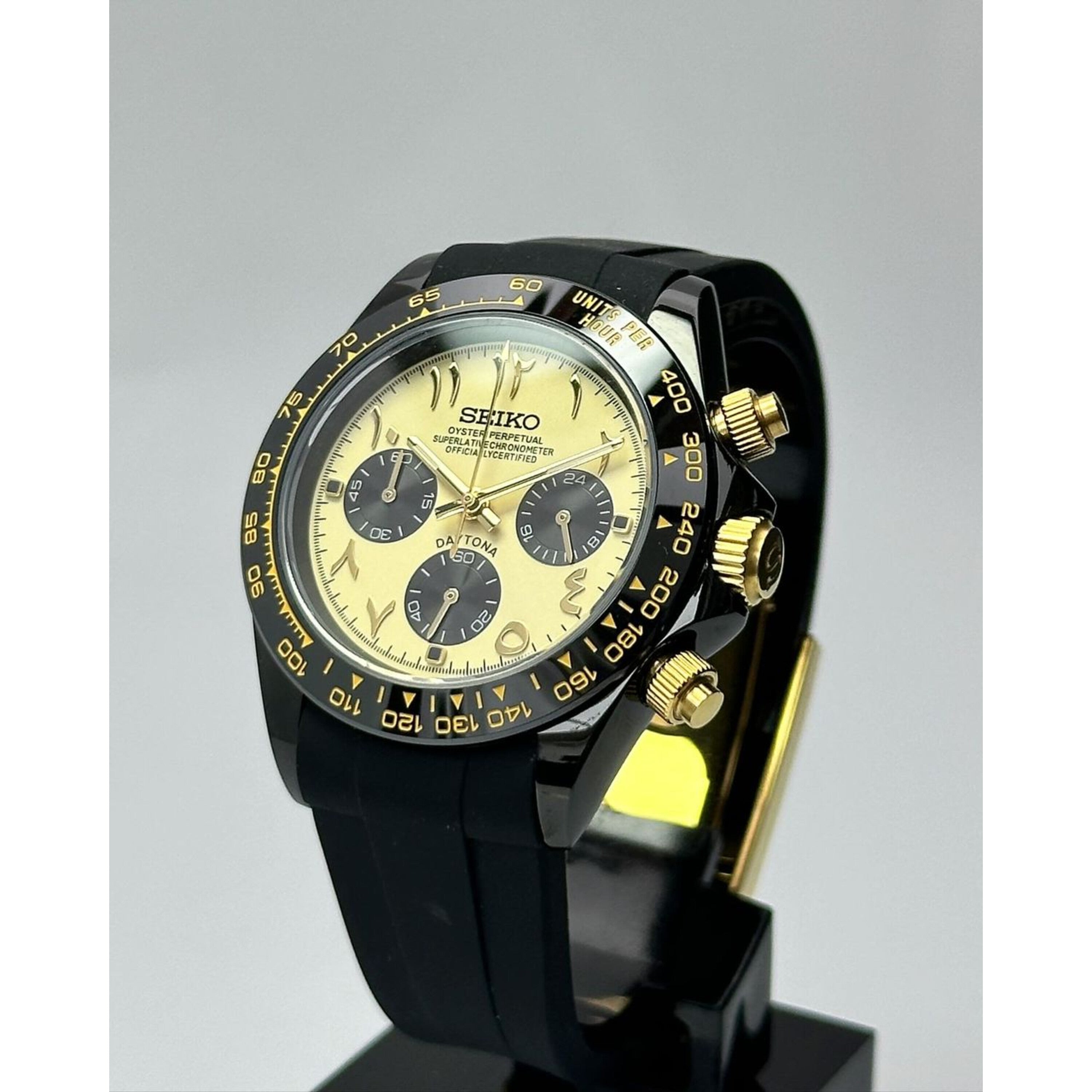 Seiko Mod “Gold Panda Daytona Style” Black PVD Chronograph on Rubber