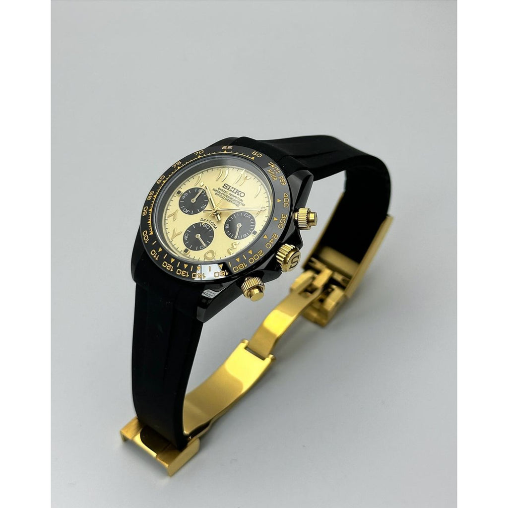 Seiko Mod “Gold Panda Daytona Style” Black PVD Chronograph on Rubber