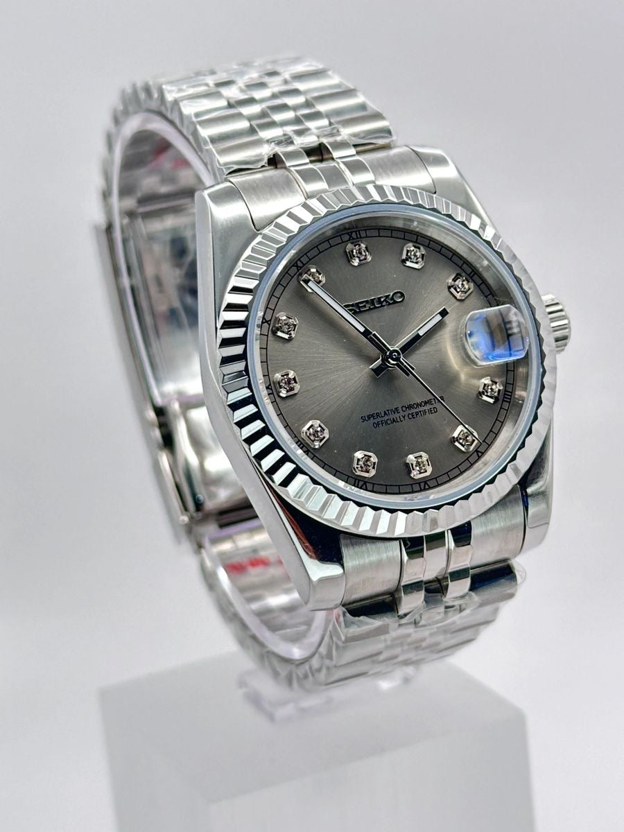 Seiko Mod Datejust – Silver Sunburst Diamond Dial Jubilee Automatic