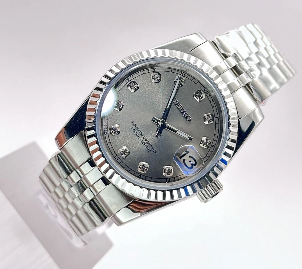 Seiko Mod Datejust – Silver Sunburst Diamond Dial Jubilee Automatic