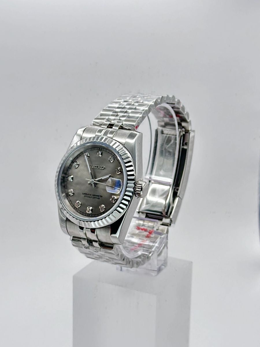 Seiko Mod Datejust Sunburst Grey Diamond Dial NH35 on Jubilee-Style Bracelet