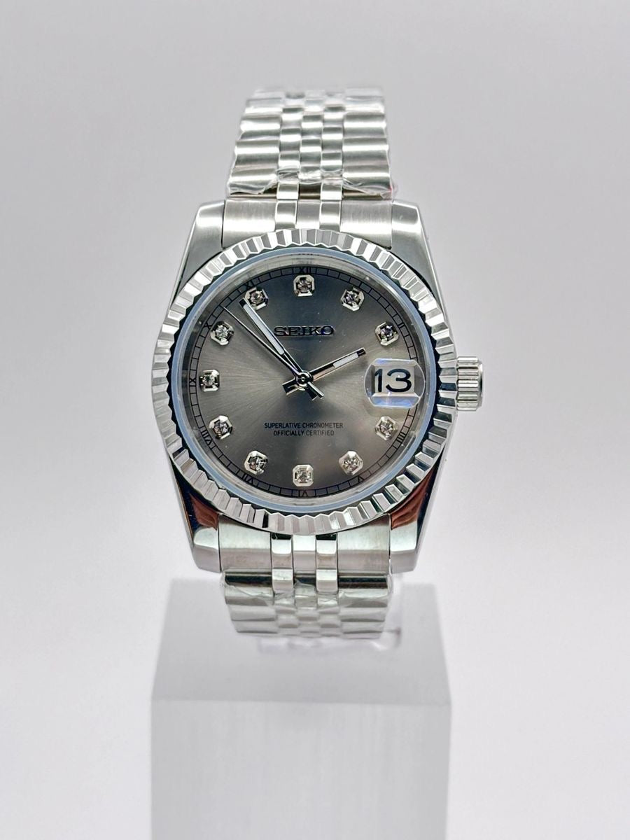 Seiko Mod Datejust Sunburst Grey Diamond Dial NH35 on Jubilee-Style Bracelet