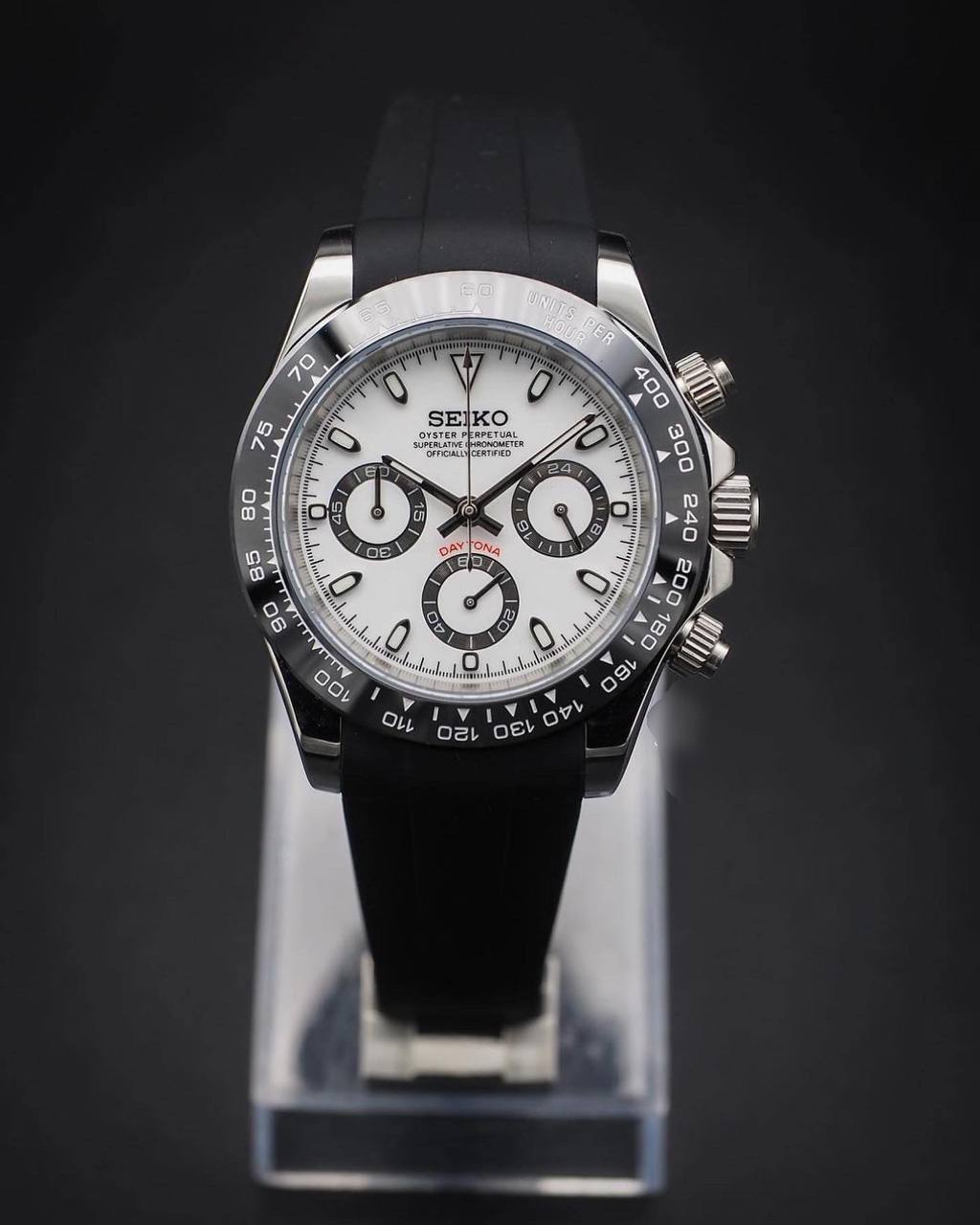 Seiko “Daytona Style” White Panda Chronograph Mod on Black Rubber