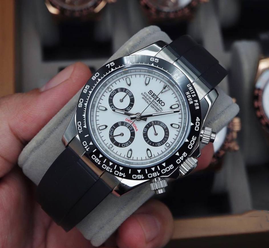 Seiko “Daytona Style” White Panda Chronograph Mod on Black Rubber