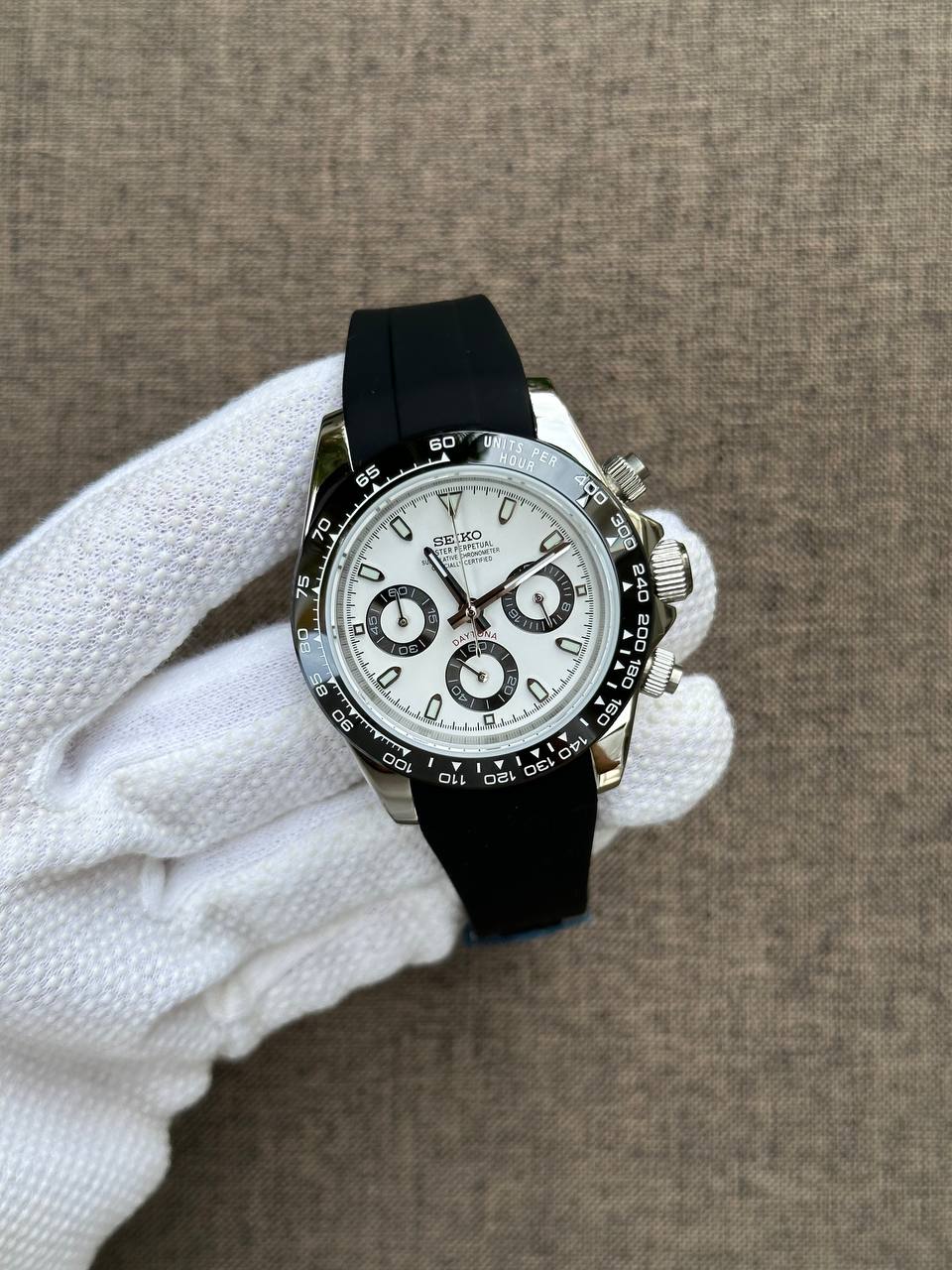 Seiko “Daytona Style” White Panda Chronograph Mod on Black Rubber