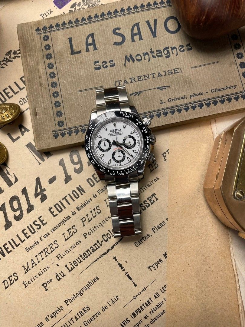 Seiko Custom Daytona Chronograph Mod - White Panda Dial, Ceramic Bezel, NH35 Auto