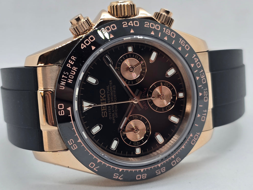 Seiko Mod Daytona Rose Gold / Black Dial on Rubber – VK63 Chronograph