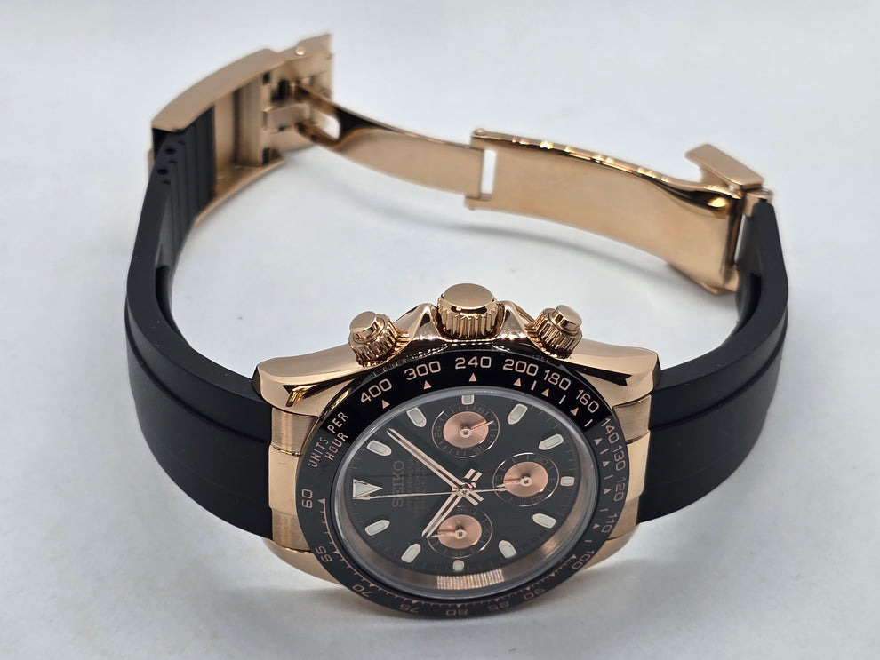 Seiko Mod Daytona Rose Gold / Black Dial on Rubber – VK63 Chronograph