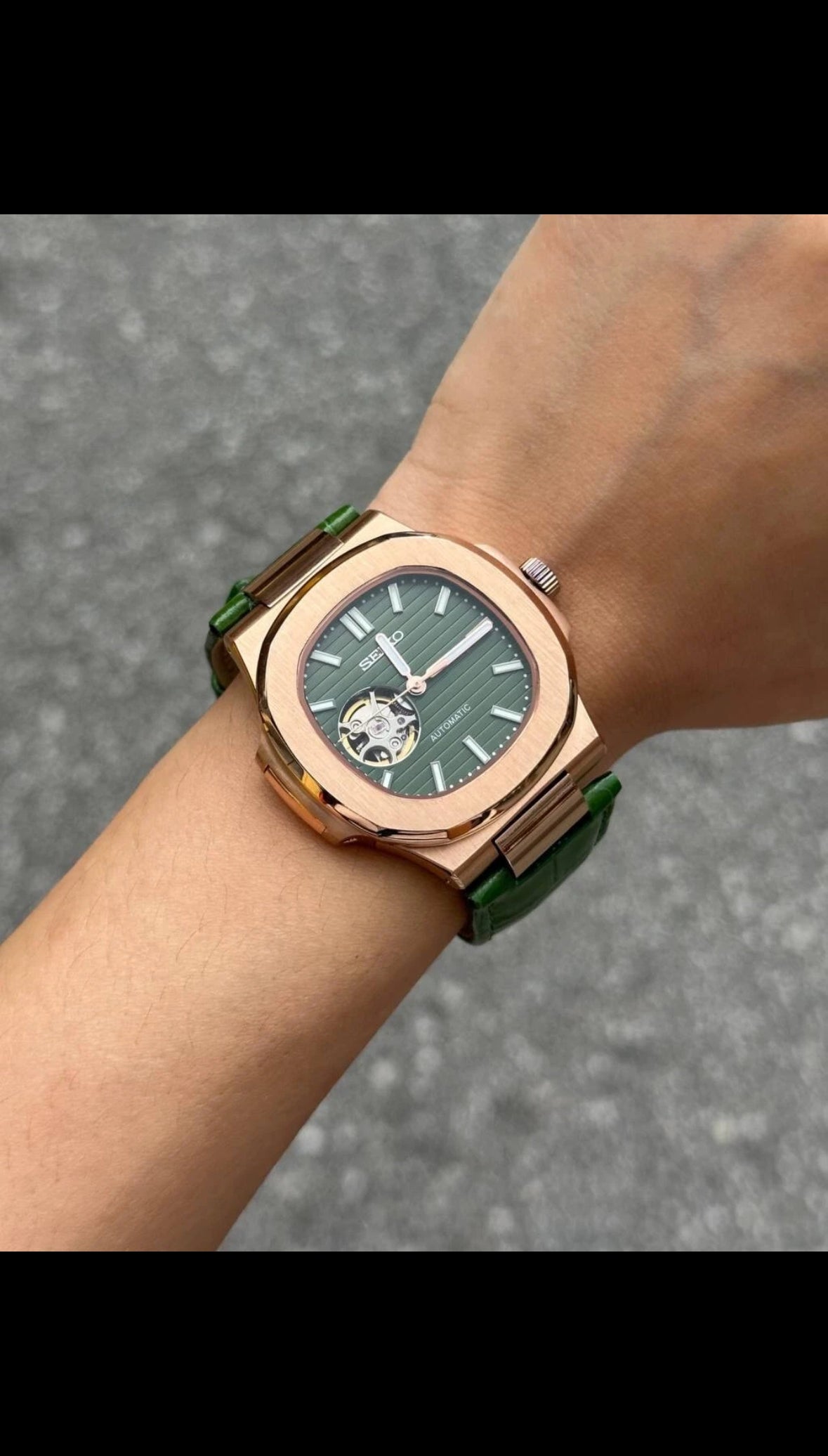 SeikMod Nautilus Mod Open Heart Rose Gold Green Dial Automatic