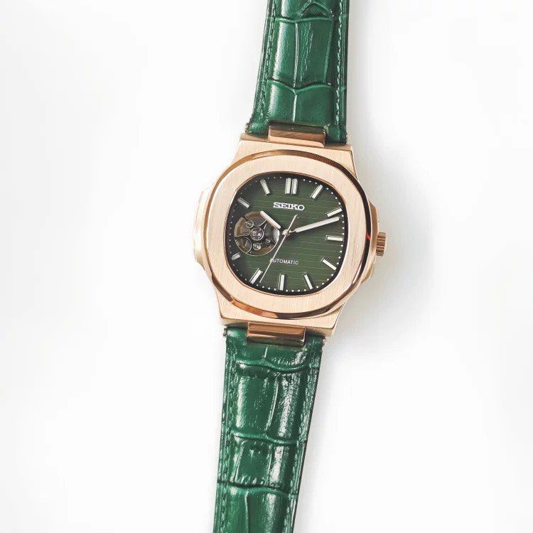 SeikMod Nautilus Mod Open Heart Rose Gold Green Dial Automatic