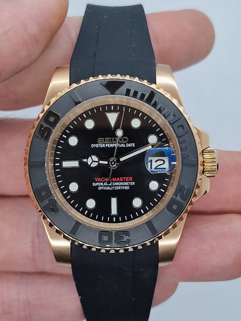 SeikMod Yacht Master NH35 Automatic Rose Gold Black Dial