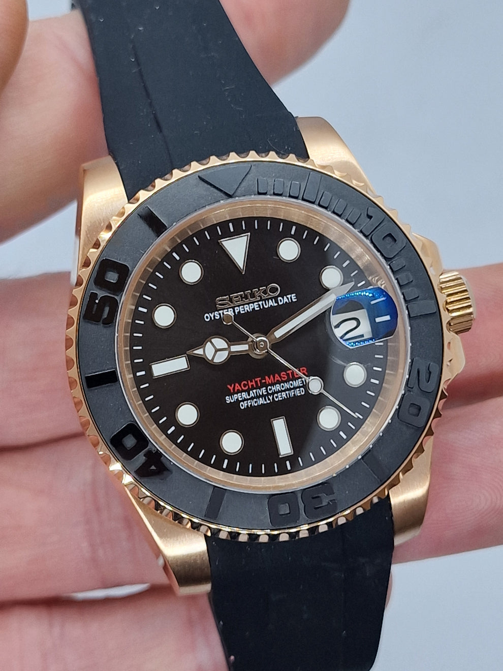 SeikMod Yacht Master NH35 Automatic Rose Gold Black Dial
