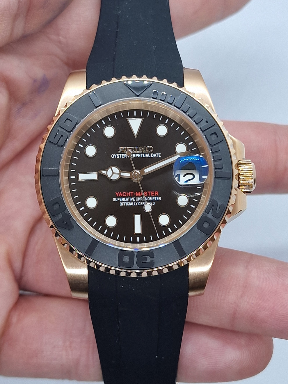 SeikMod Yacht Master NH35 Automatic Rose Gold Black Dial