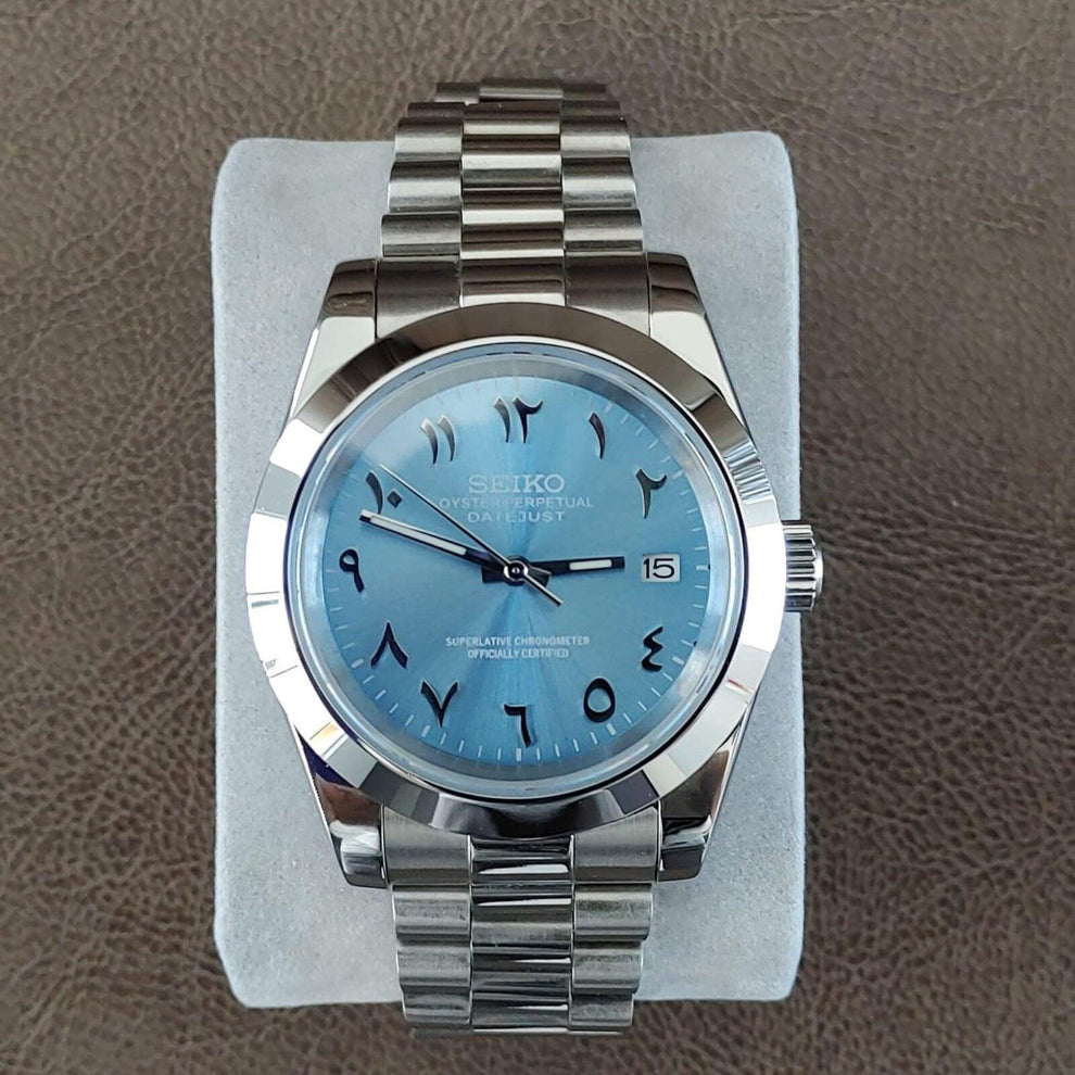 Seiko Mod Datejust Ice Blue Arabic Dial NH35 on Stainless Steel Oyster Bracelet