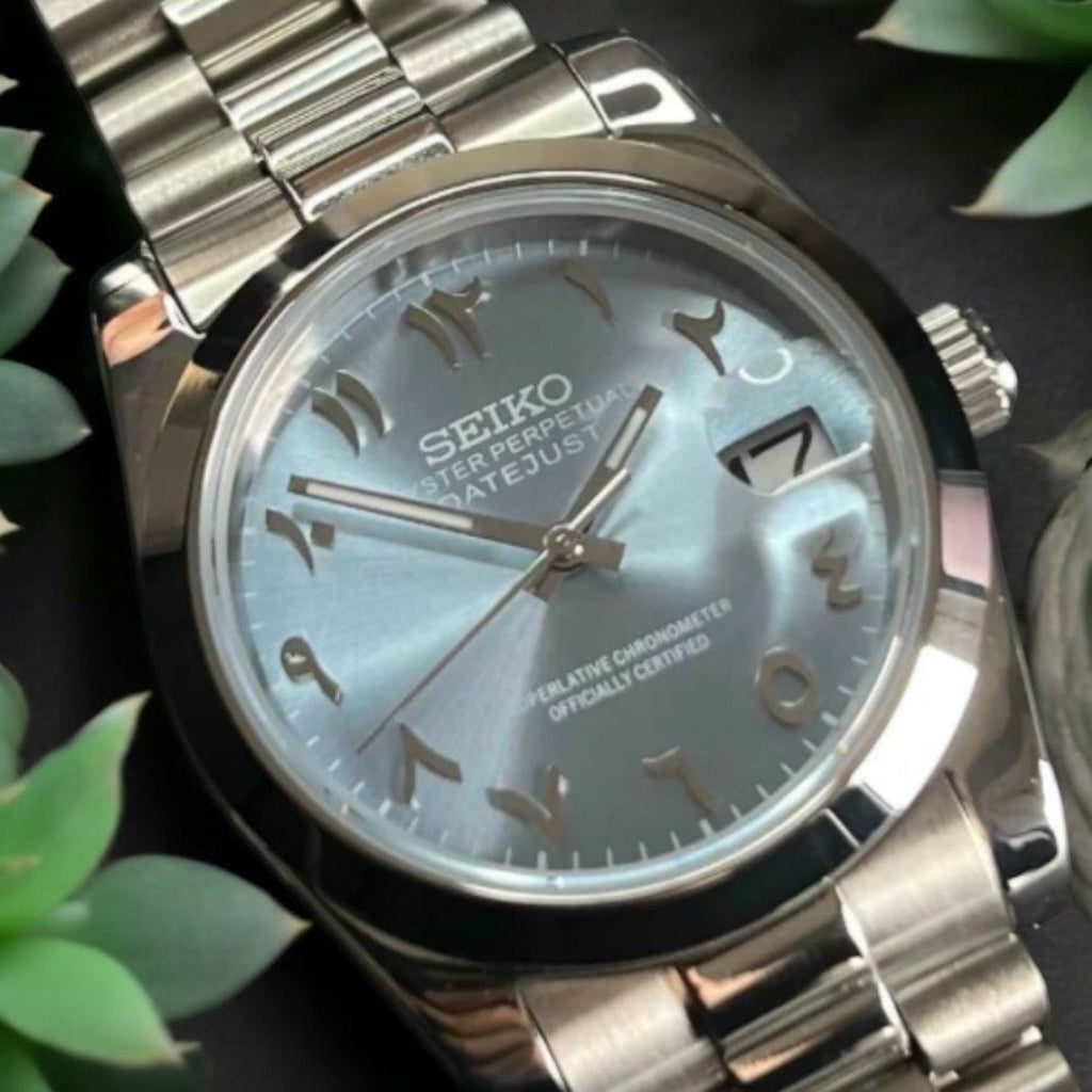 Seiko Mod Datejust Ice Blue Arabic Dial NH35 on Stainless Steel Oyster Bracelet