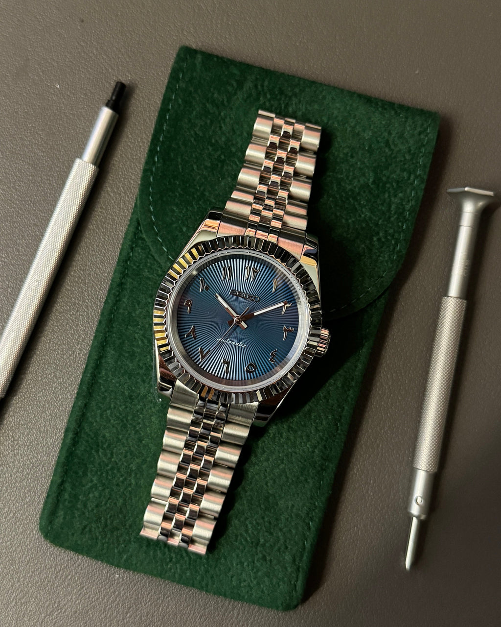 Seiko Mod Datejust Stainless Steel Ice Blue Arabic Dial NH35 on Jubilee Bracelet