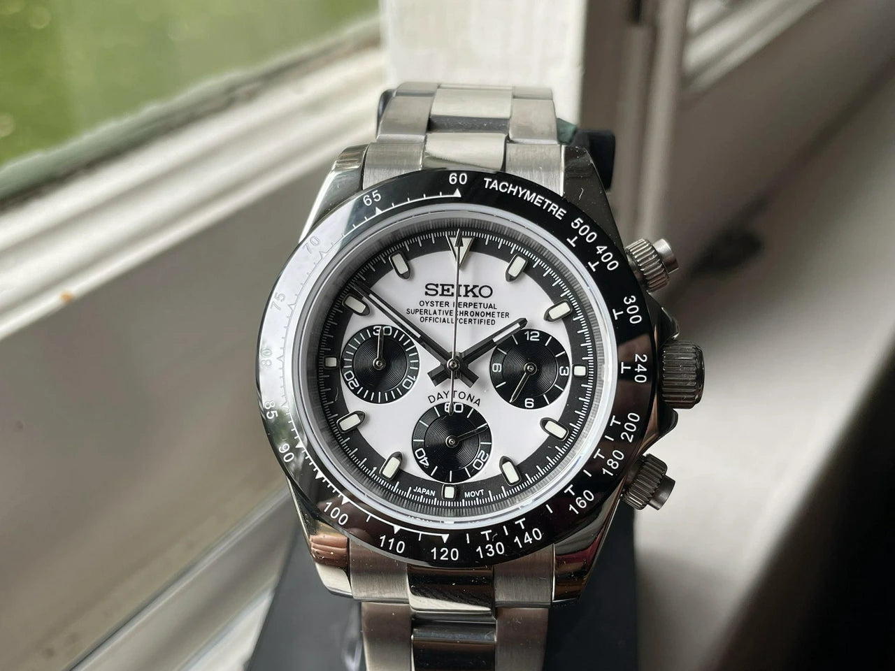 Seiko Daytona Panda Mod Chronograph - White Dial Black Subdials - Sapphire Crystal