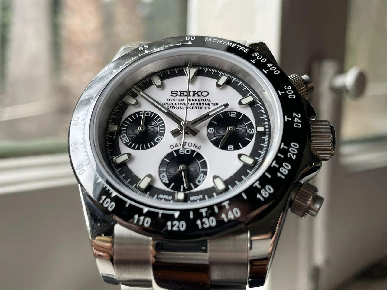 Seiko Daytona Panda Mod Chronograph - White Dial Black Subdials - Sapphire Crystal