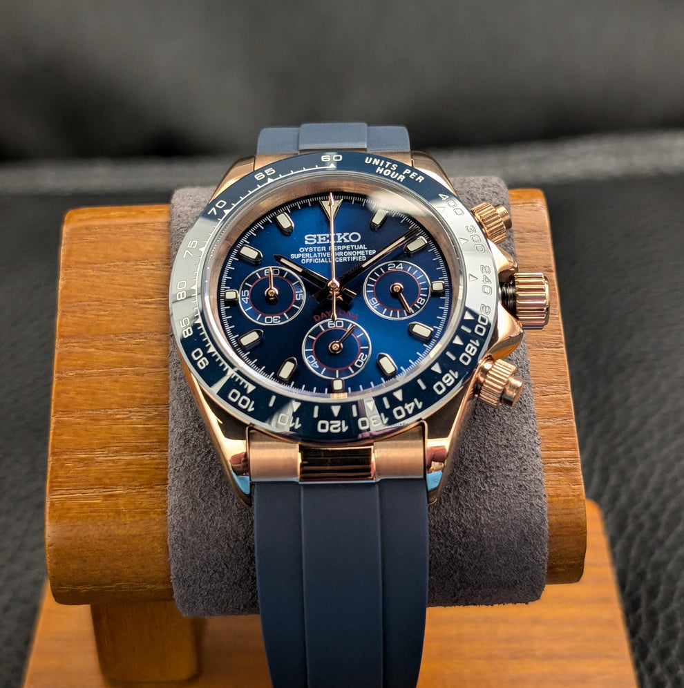 Seiko Custom Mod Daytona Homage - Rose Gold Case Blue Ceramic Dial - NH35 Auto Chronograph - Blue Rubber Strap