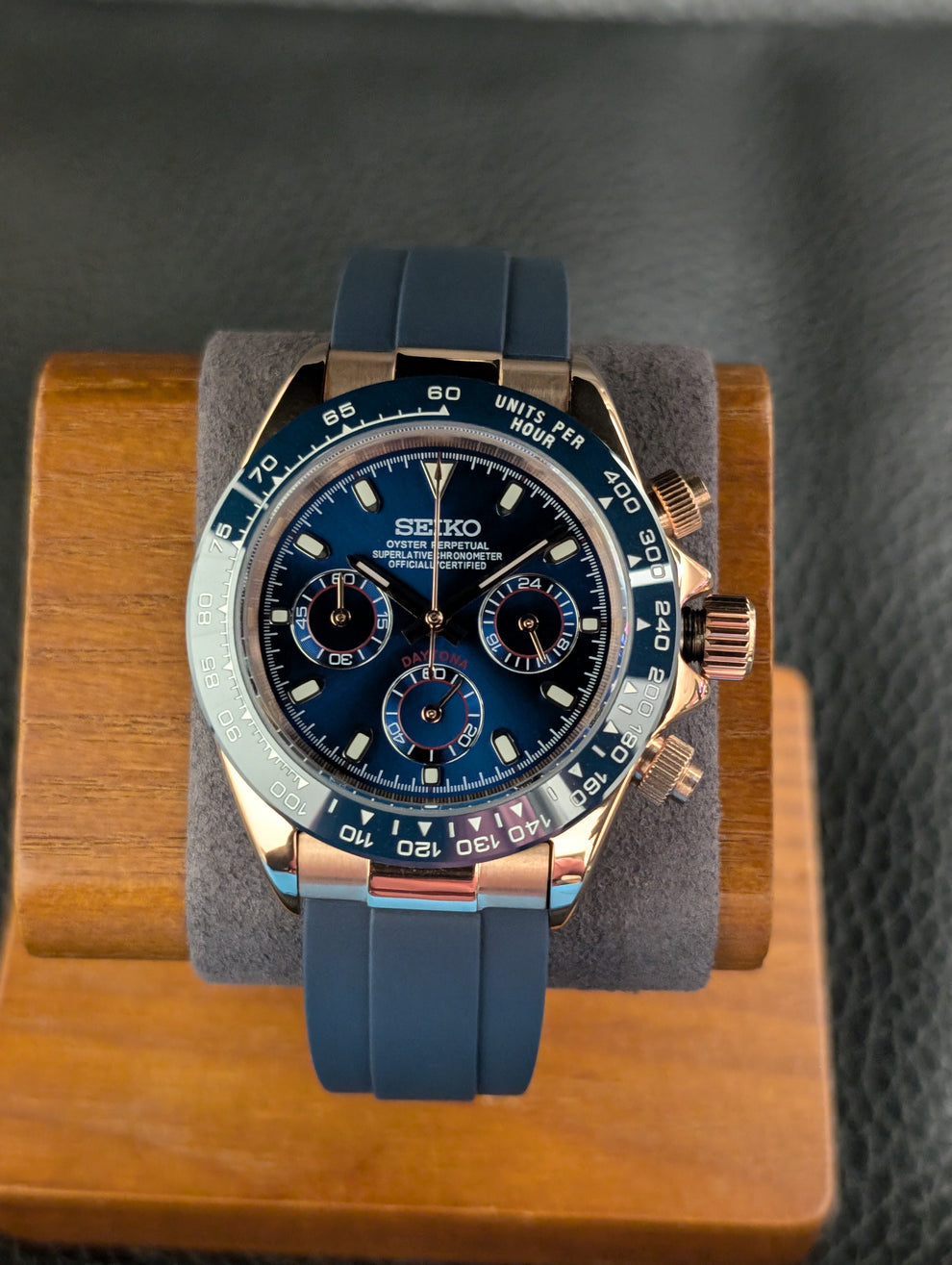 Seiko Custom Mod Daytona Homage - Rose Gold Case Blue Ceramic Dial - NH35 Auto Chronograph - Blue Rubber Strap