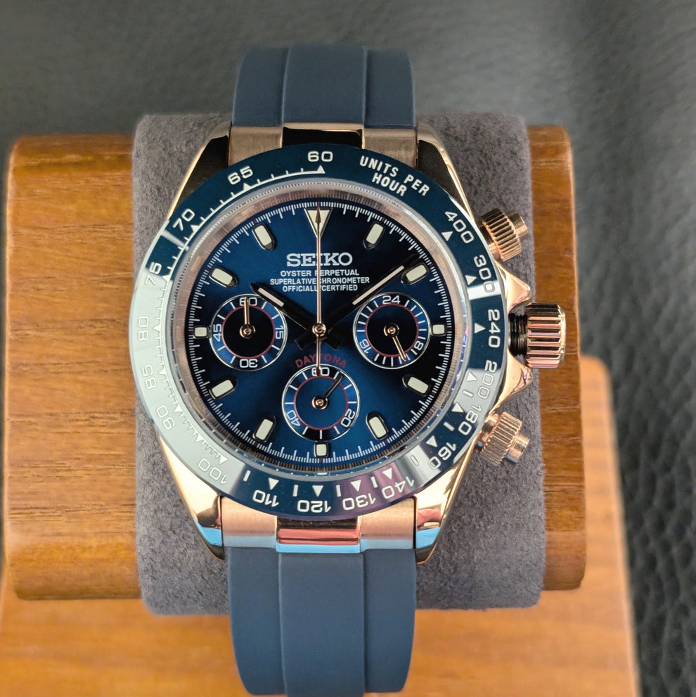 Seiko Custom Mod Daytona Homage - Rose Gold Case Blue Ceramic Dial - NH35 Auto Chronograph - Blue Rubber Strap