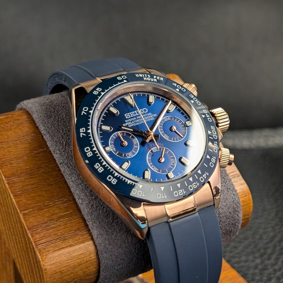 Seiko Custom Mod Daytona Homage - Rose Gold Case Blue Ceramic Dial - NH35 Auto Chronograph - Blue Rubber Strap