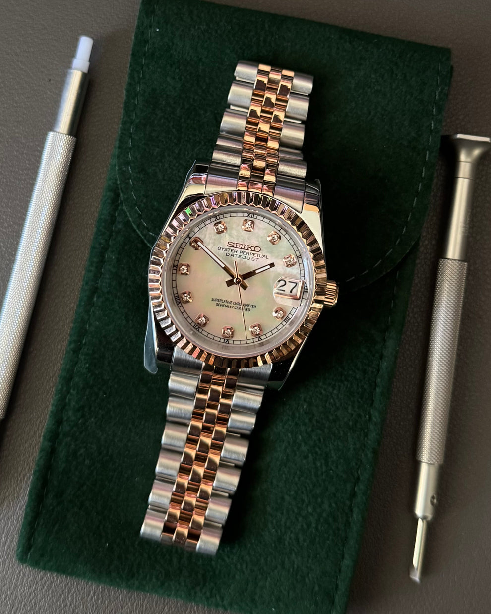 Seiko Mod Datejust Two-Tone Mother of Pearl Dial with Diamond Indices Jubilee