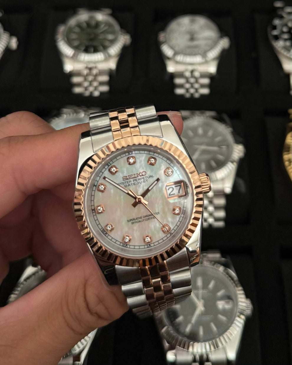 Seiko Mod Datejust Two-Tone Mother of Pearl Dial with Diamond Indices Jubilee