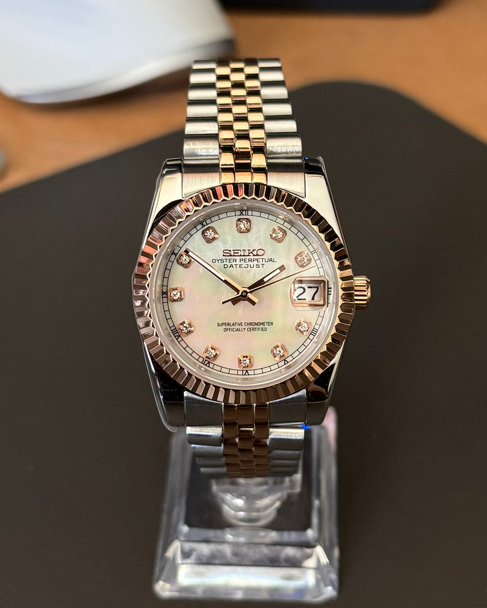 Seiko Mod Datejust Two-Tone Mother of Pearl Dial with Diamond Indices Jubilee