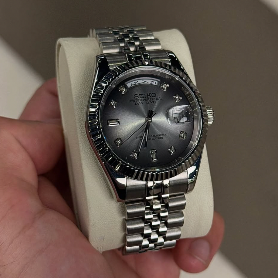 Seiko Mod Day‑Date Arabic Grey Sunburst with Diamond Hour Markers – Fluted Bezel & Jubilee Bracelet