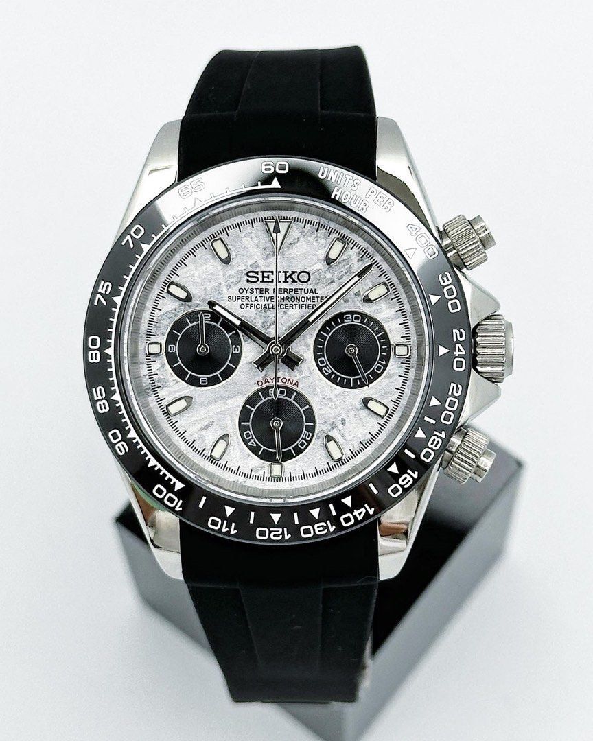 Seiko Custom Daytona Oyster Mod - White Meteorite Dial, Black Ceramic Bezel, Rubber Strap