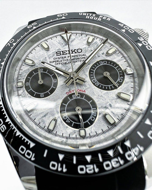 Seiko Custom Daytona Oyster Mod - White Meteorite Dial, Black Ceramic Bezel, Rubber Strap