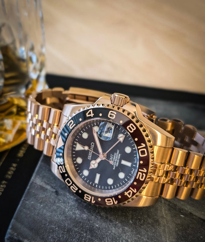 Seiko Mod GMT Automatic - Black Dial Rose Gold Case/Bezel Jubilee Bracelet