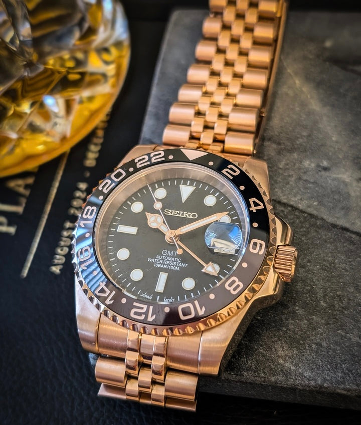 Seiko Mod GMT Automatic - Black Dial Rose Gold Case/Bezel Jubilee Bracelet