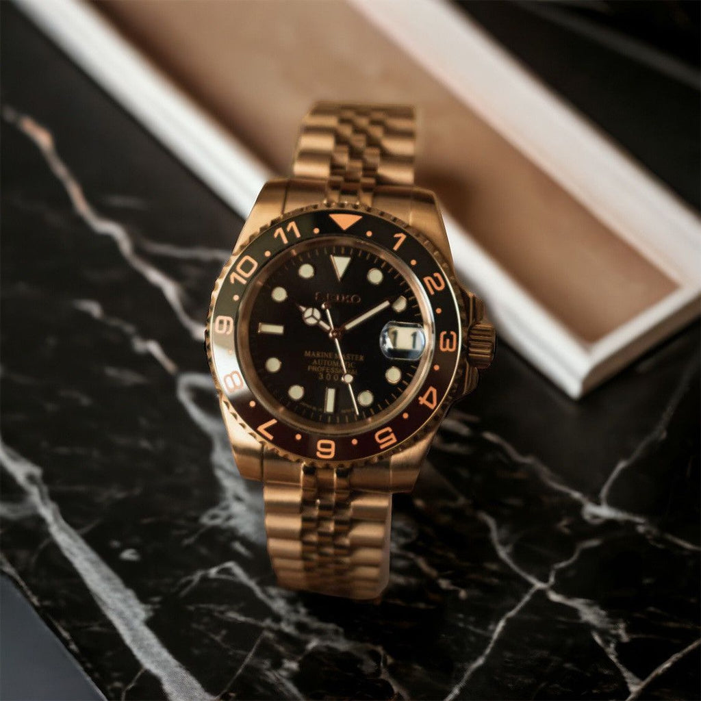 Seiko Mod GMT Automatic - Black Dial Rose Gold Case/Bezel Jubilee Bracelet