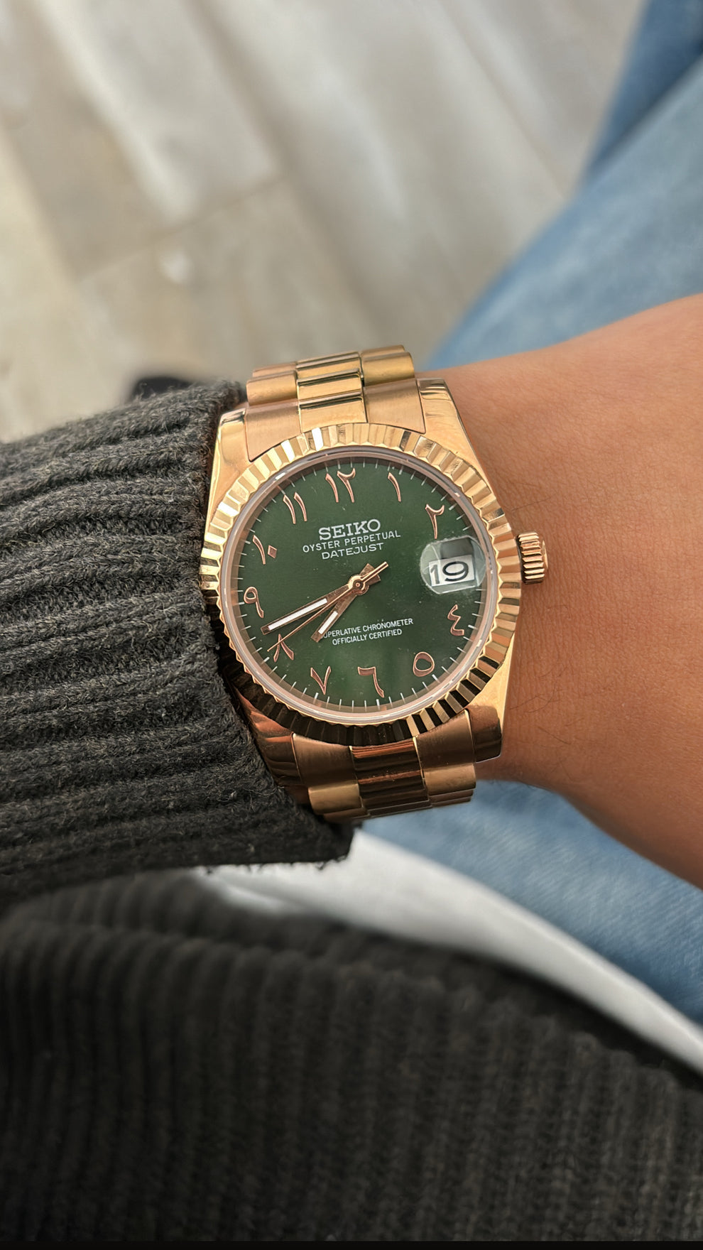 Seiko Mod Datejust Rose Gold Olive Green Arabic Dial NH35 Automatic