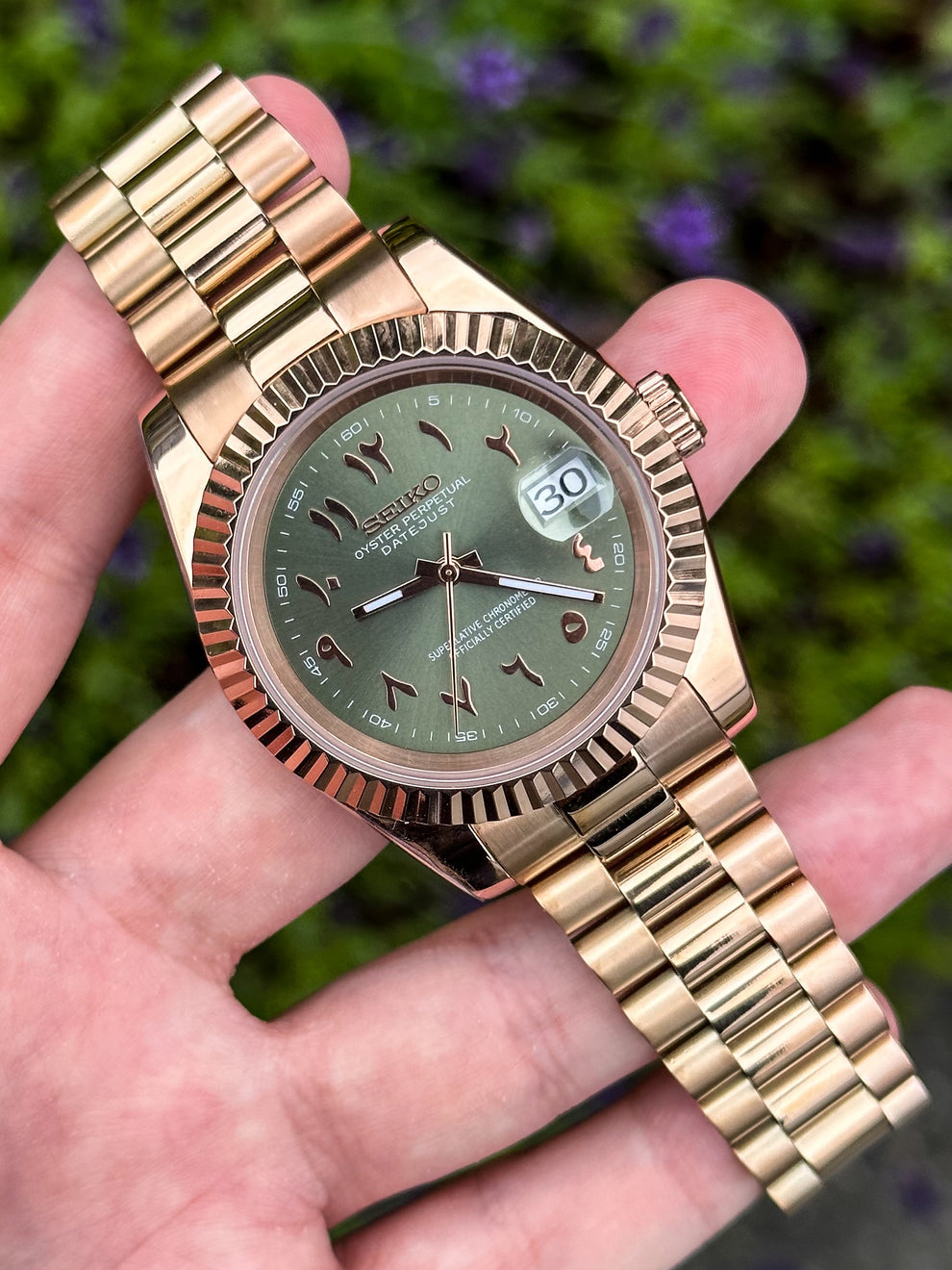 Seiko Mod Datejust Rose Gold Olive Green Arabic Dial NH35 Automatic