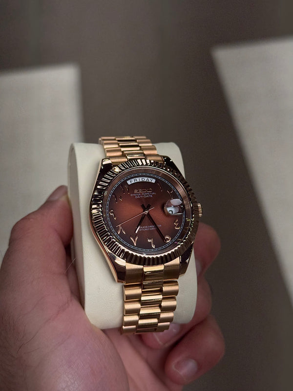 SeikMod Day-Date Automatic Rose Gold President Brown Sunburst Arabic Dial