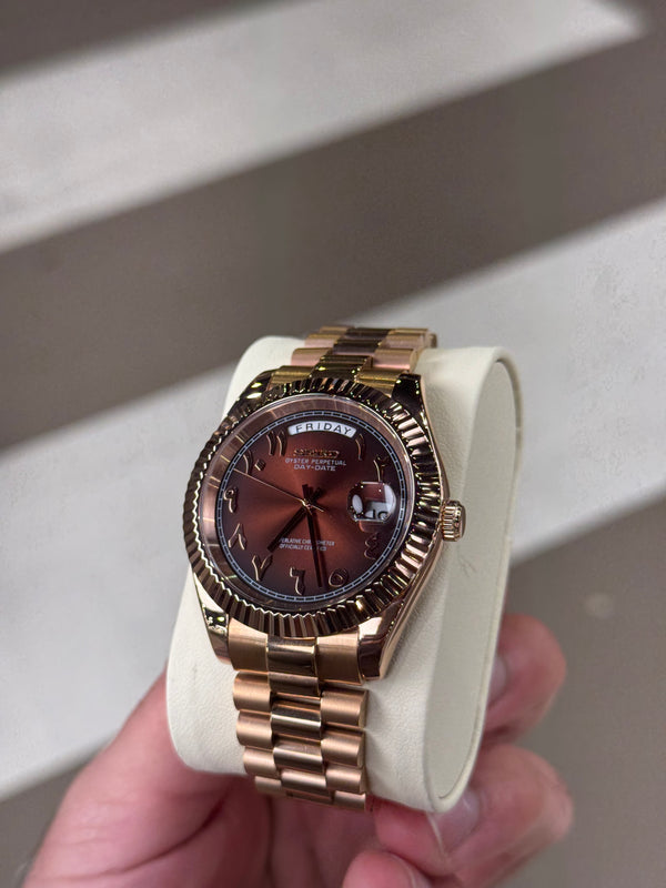 SeikMod Day-Date Automatic Rose Gold President Brown Sunburst Arabic Dial