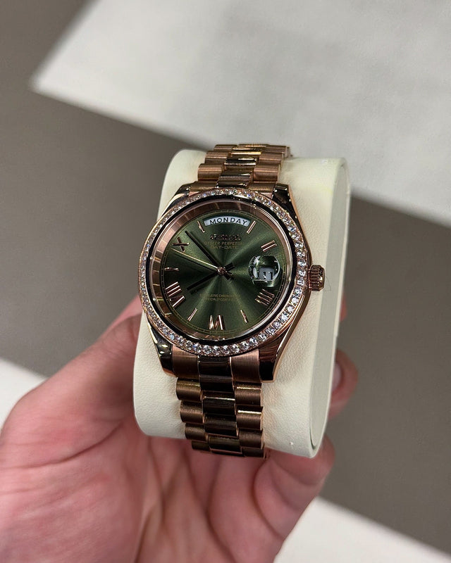 Seiko Custom Mod Day-Date Green Dial Rose Gold w/ Diamonds - NH35 Auto