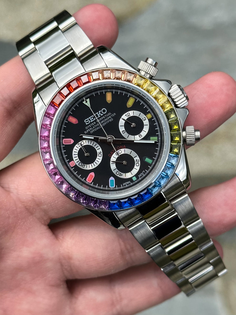 Seiko Daytona Style Mod with Stunning Rainbow Gem Bezel - Black Dial Chronograph
