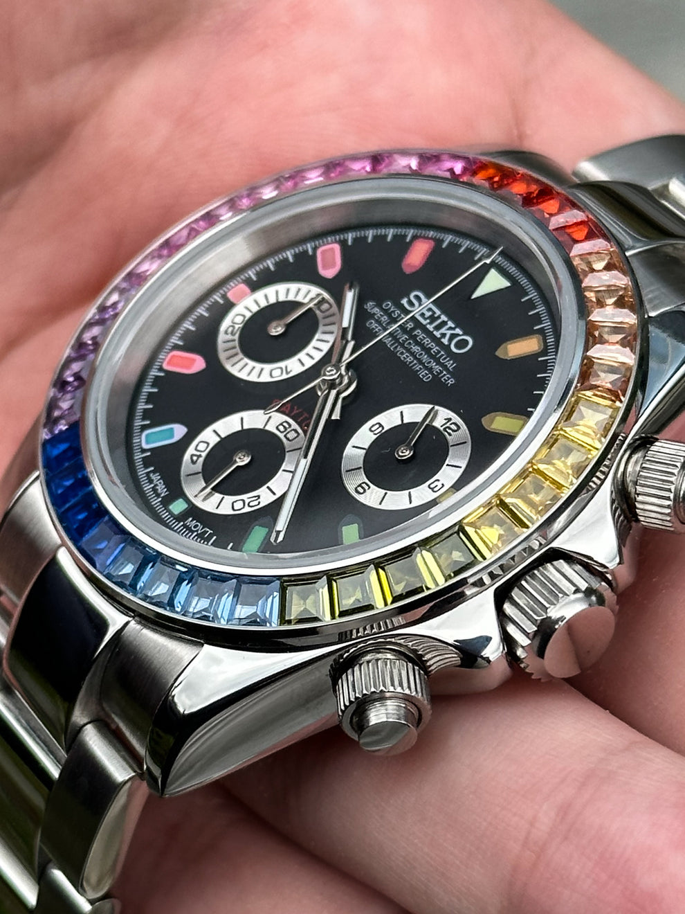 Seiko Daytona Style Mod with Stunning Rainbow Gem Bezel - Black Dial Chronograph
