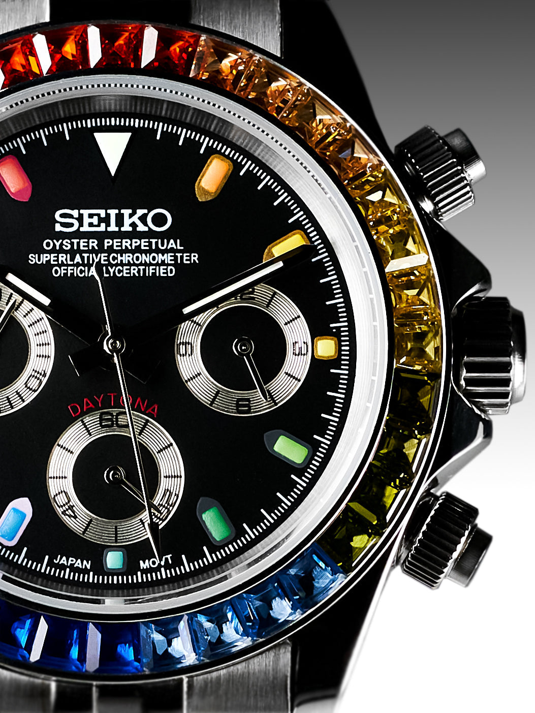 Seiko Daytona Style Mod with Stunning Rainbow Gem Bezel - Black Dial Chronograph