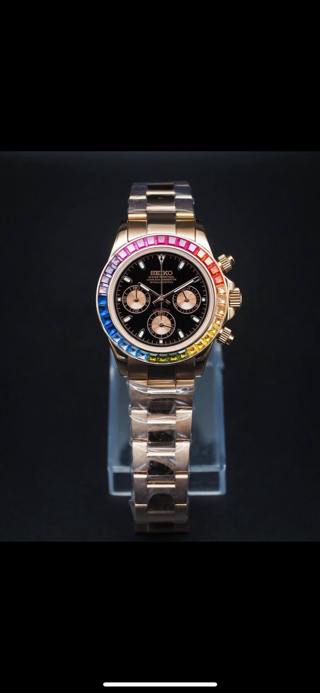 Seiko Rainbow Daytona Mod - Vibrant Gem Bezel, Black Dial, Rose Gold Oyster Bracelet